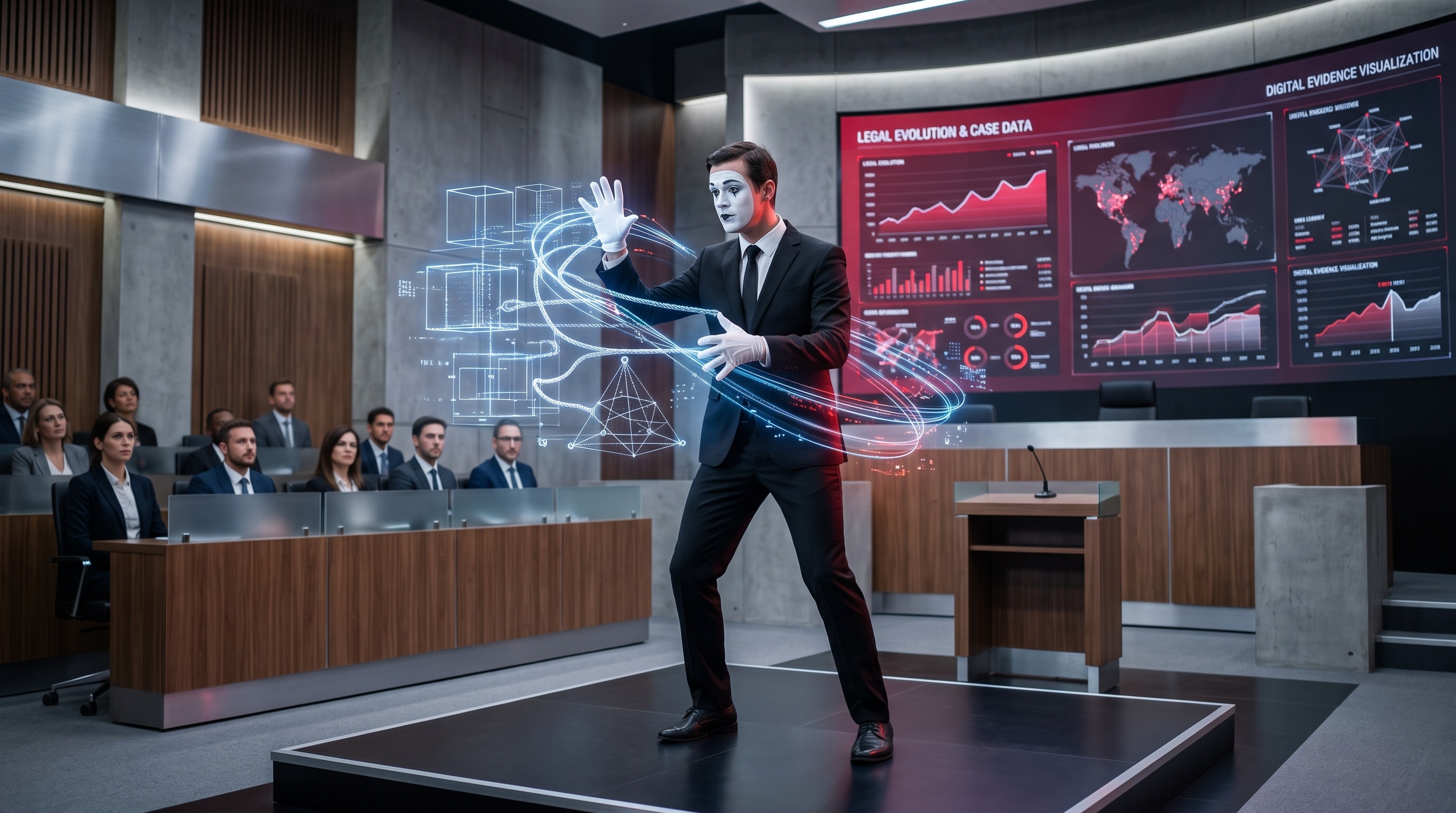 Mimes using advanced motion capture in a mock courtroom